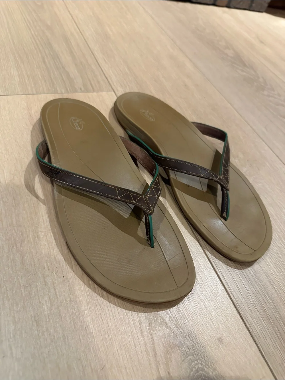 Chaco Biza Women's Leather Flip Flops - Brown & Turquoise Trim Thong Sandals